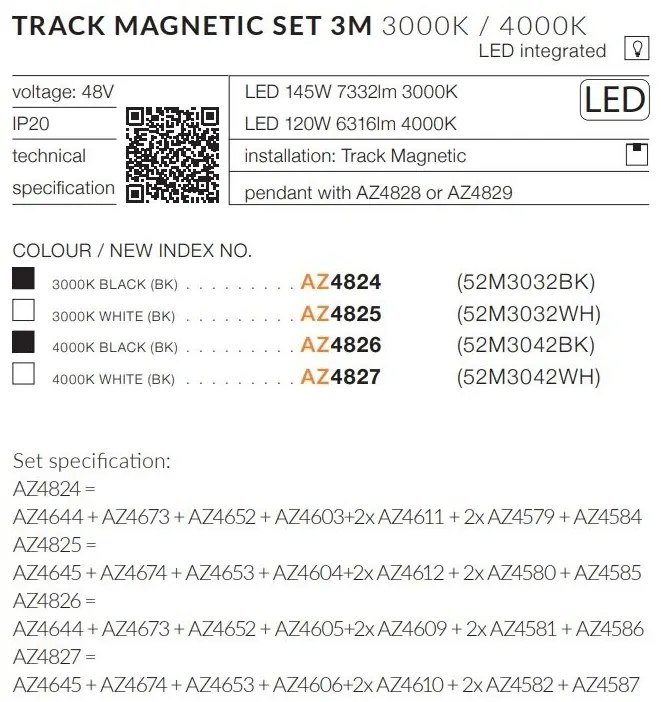 Set 3 metri sina magnetica monofazata cu iluminat inclus Alfa 52M3032WH alb, 3000K