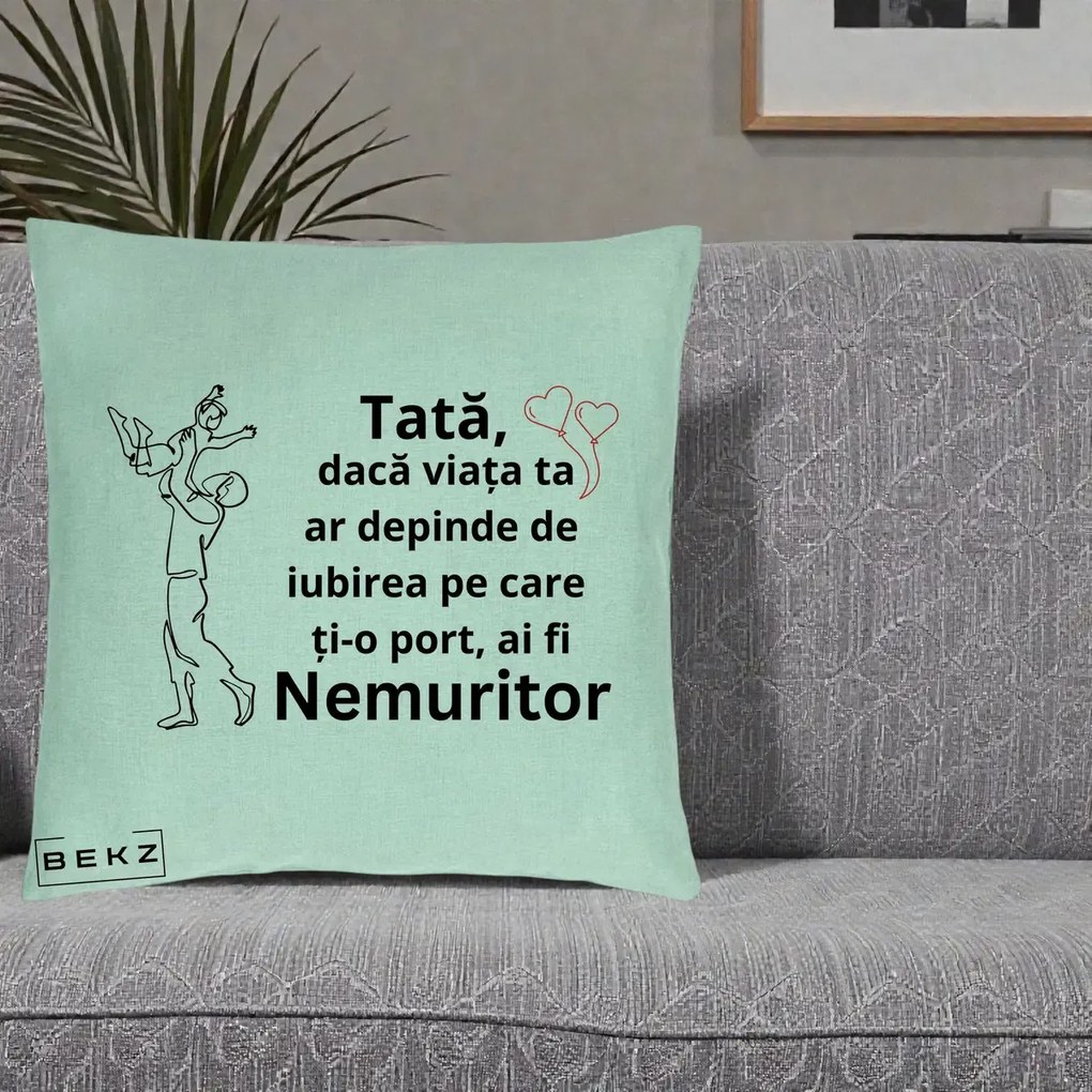 Cadou pentru Tata - Perna Personalizata Tata Nemuritor Joaca in Aer, 40x40 cm, Verde Menta, Husa Detasabila, Perna Inclusa, BEKZ®