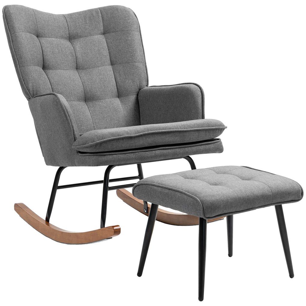 HOMCOM Fotoliu cu leagăn și taburet, confortabil, până la 130 kg, aspect de in, 64x89x90cm, Gri închis | Aosom Romania