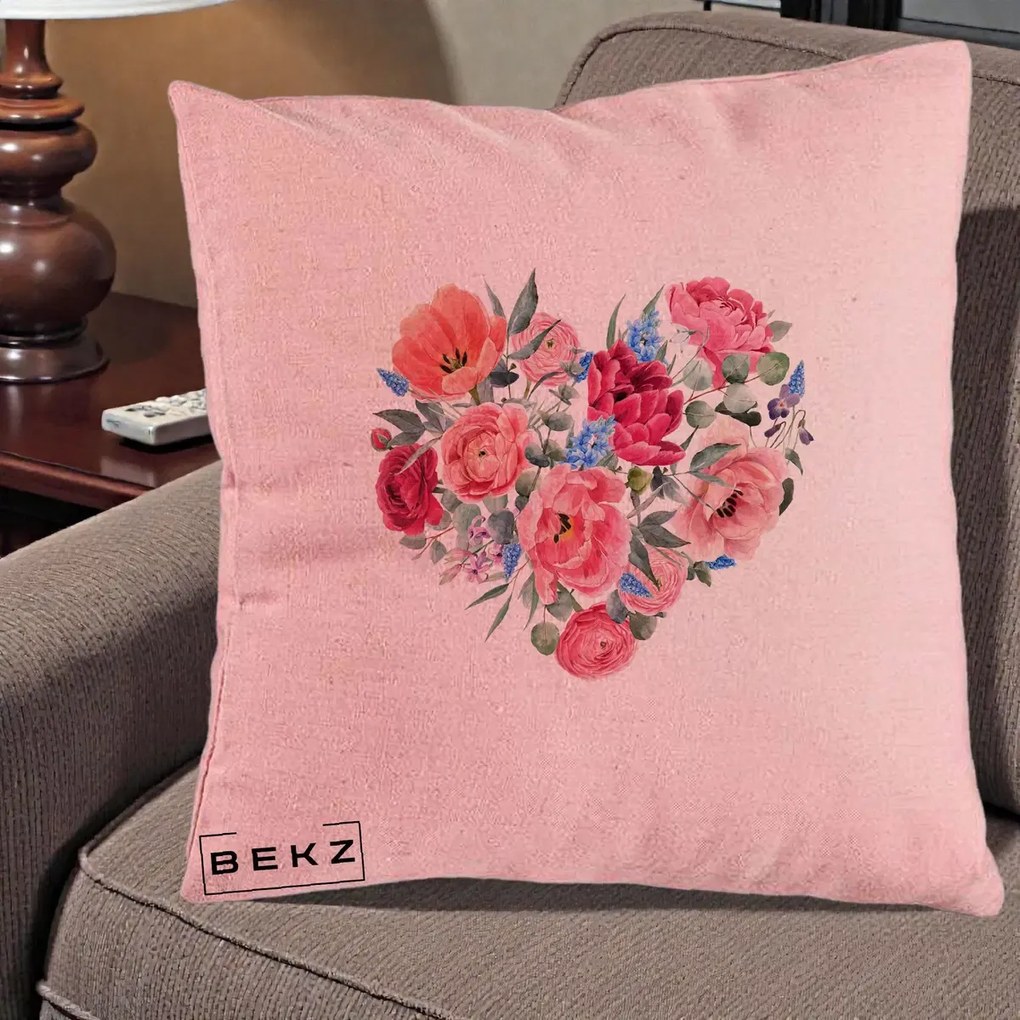 Perna Decorativa Inima din Bujori Acuarela, 40x40 cm, Roz, Husa Detasabila, Perna Inclusa, BEKZ®