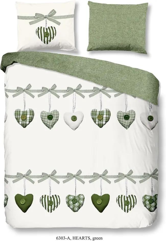 Lenjerie de pat din bumbac, verde, Good Morning Hearts, 200 x 200 cm