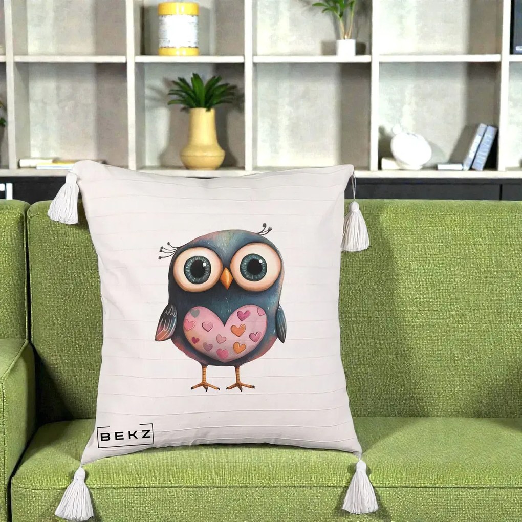 Perna Decorativa Bufnita cu Inimioare Roz, 40x40 cm, Bej cu Franjuri, Husa Detasabila, Perna Inclusa, BEKZ®