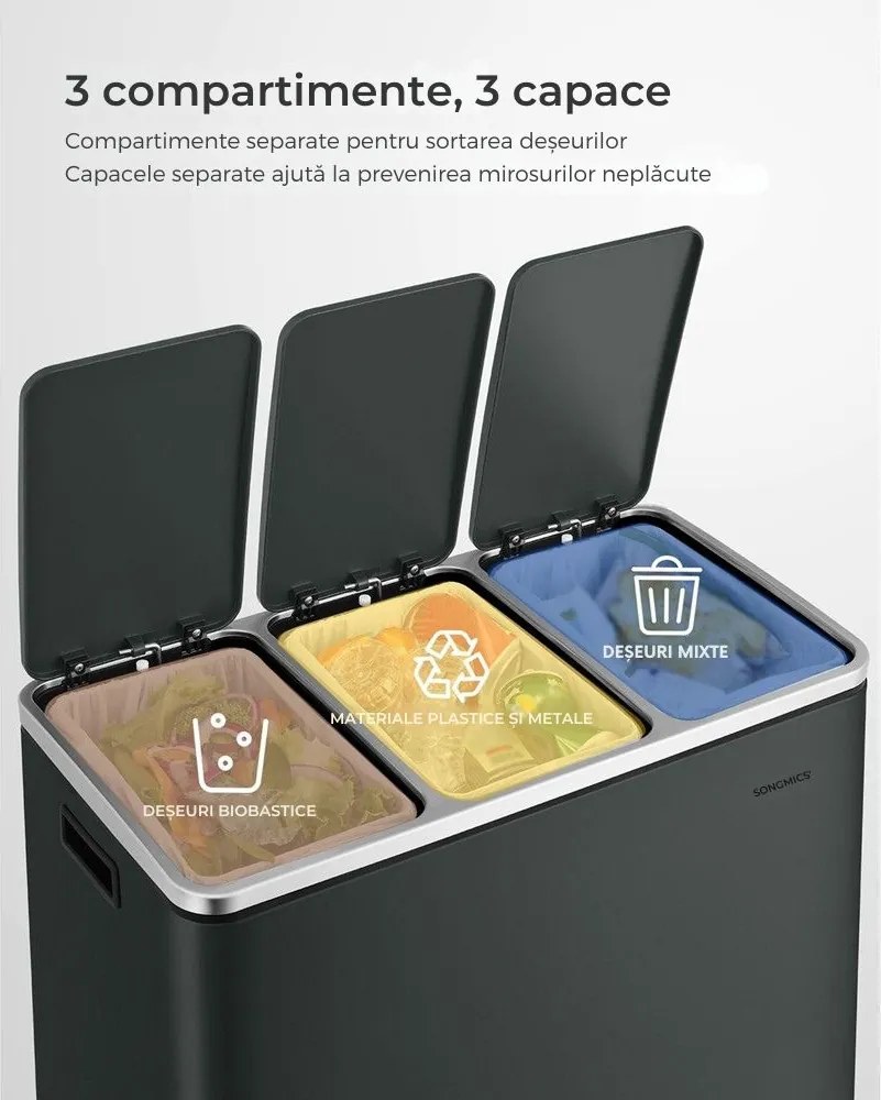 Coș de reciclare SORT 54 l (3×18 l), antracit/argintiu SongmicsHome