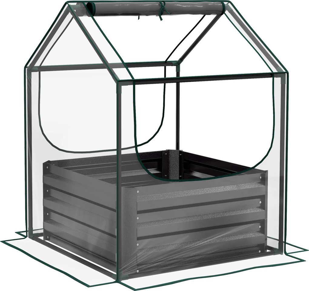 Outsunny Pătrat pentru grădină cu mini-seră, jardiniere ridicată din oțel galvanizat, 70 x 70 x 90 cm, gri închis | Aosom Romania