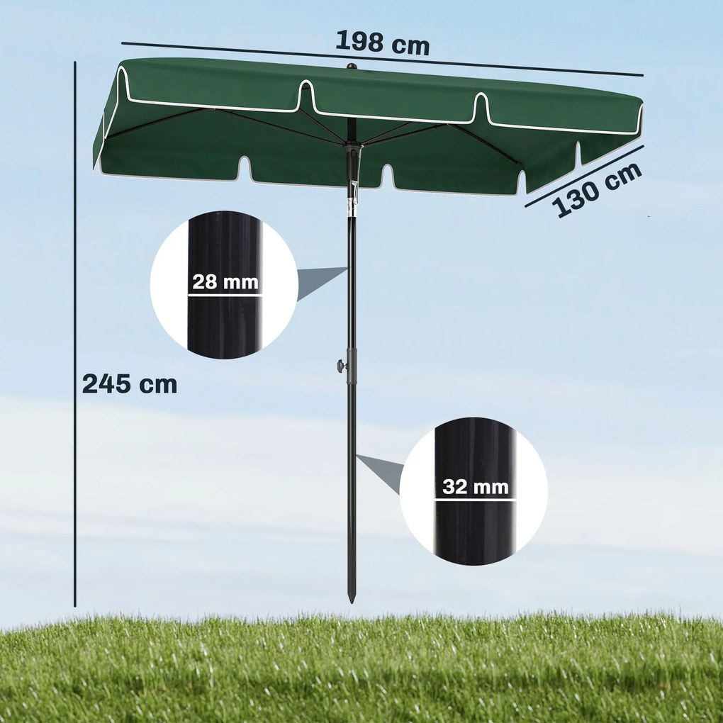Outsunny Umbrelă pentru Grădină Dreptunghiulară, cu Inclinare Reglabilă și Stâlp din Aluminiu, 2x2.4m, Verde/Negru | Aosom Romania