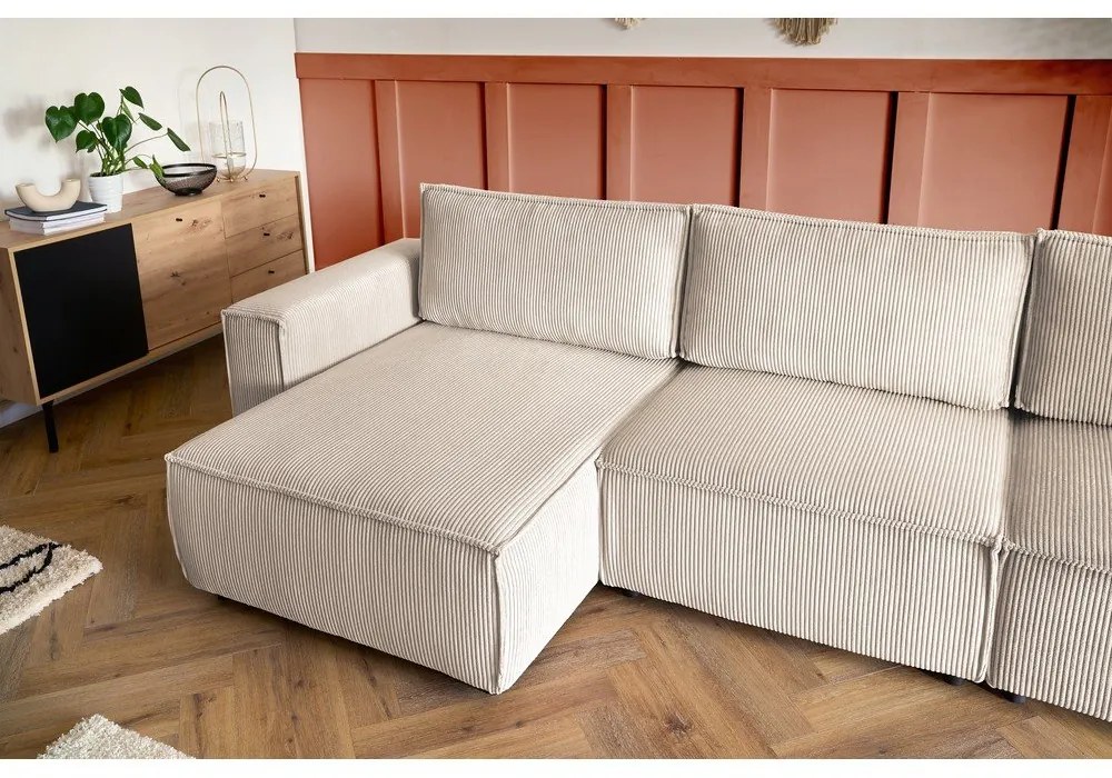 Colțar crem cu tapițerie din catifea reiată (cu colț pe partea dreaptă/în formă de "U") Nihad modular – Bobochic Paris