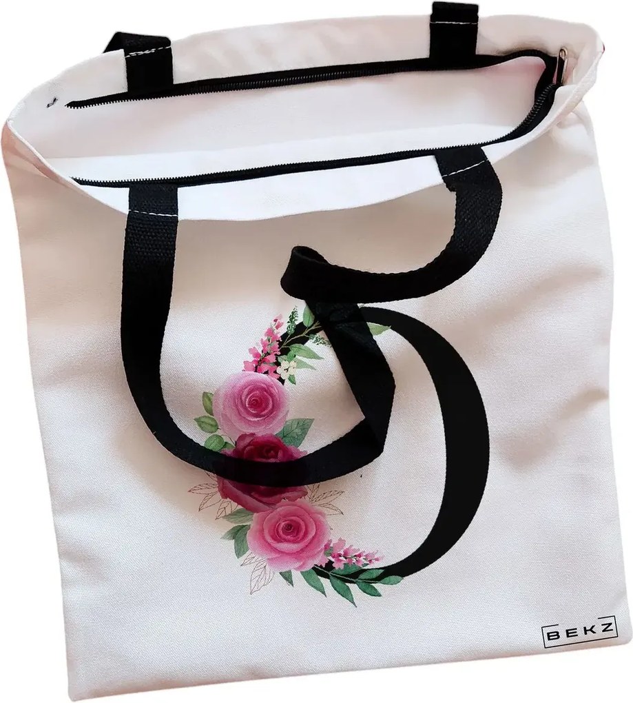 Sacosa de Panza pentru Cumparaturi, Geanta Tote, Cu litera O si Trandafiri, Cu fermoar, 38x34.5 cm, Alba, BEKZ®