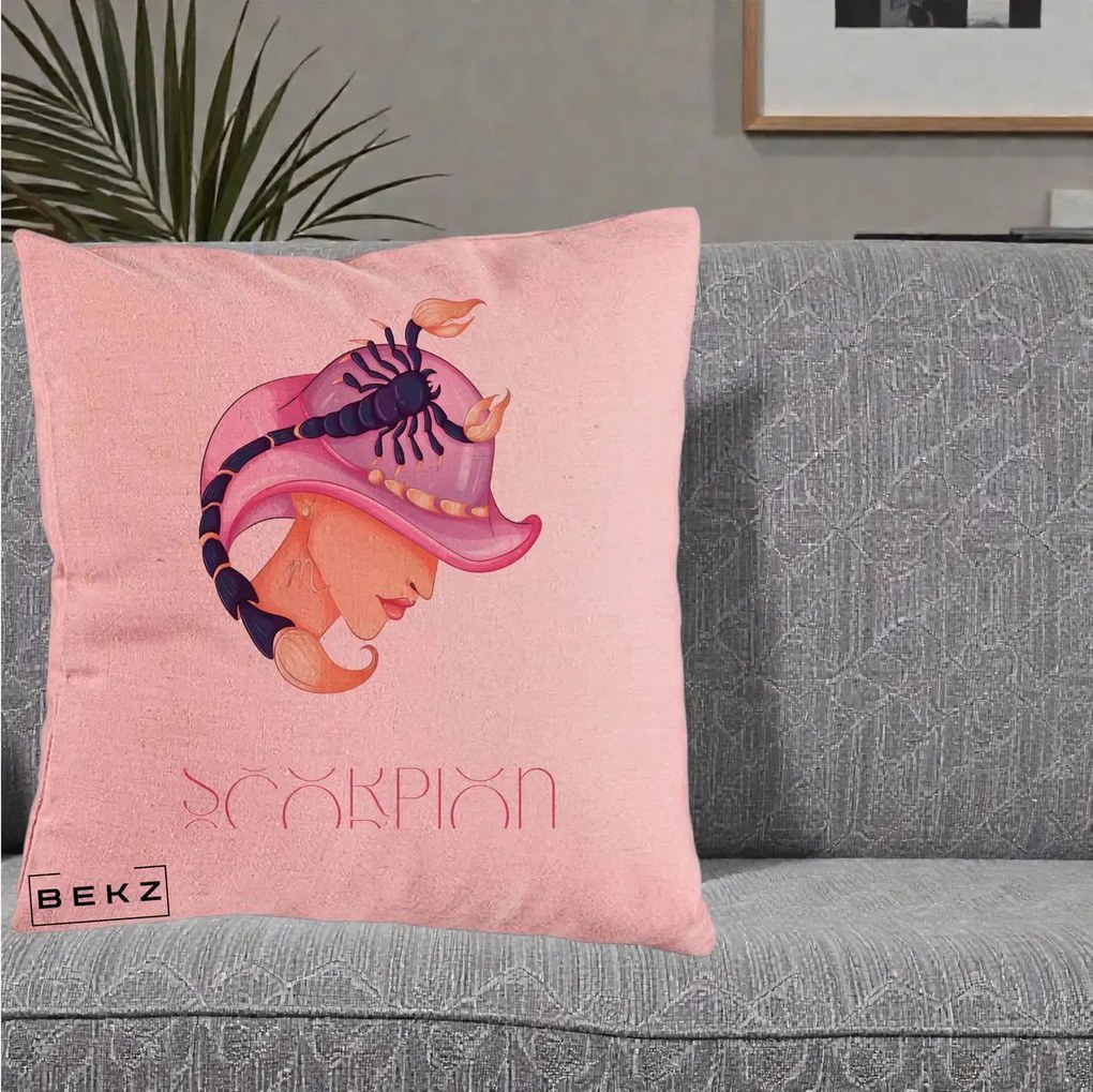 Perna Personalizata Zodiac Scorpion Cowgirl, 40x40 cm, Roz, Husa Detasabila, Perna Inclusa, BEKZ®