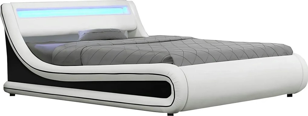 Pat MANILA NEW 180x200, alb/negru, PAL/piele ecologica, cu iluminare L
