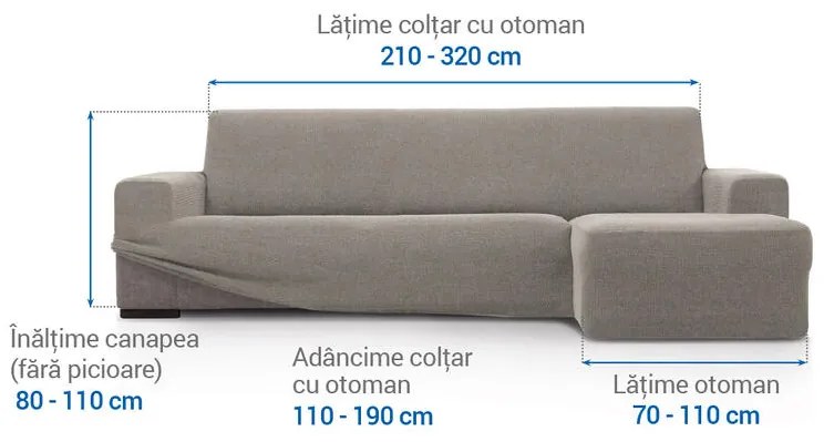 Huse super elastice HARMONIA gri deschis canapea cu otoman dreapta (l. 210 - 320 cm)