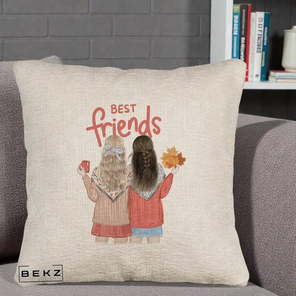 Cadou pentru Prieteni - Perna Personalizata Best Friends Toamna, 40x40 cm, Bej Canapea, Husa Detasabila, Perna Inclusa, BEKZ®