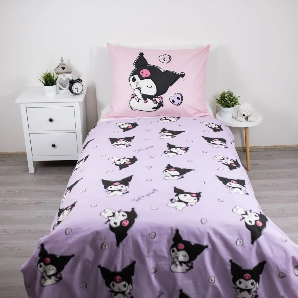 Lenjerie de pat pentru copii roz din bumbac pentru pat de o persoană 140x200 cm Hello Kitty "Kuromi" – Jerry Fabrics