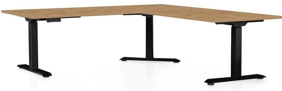Masă înălțime reglabilă OfficeTech Angle, 180 x 200 cm, picioare negre, stejar piatra