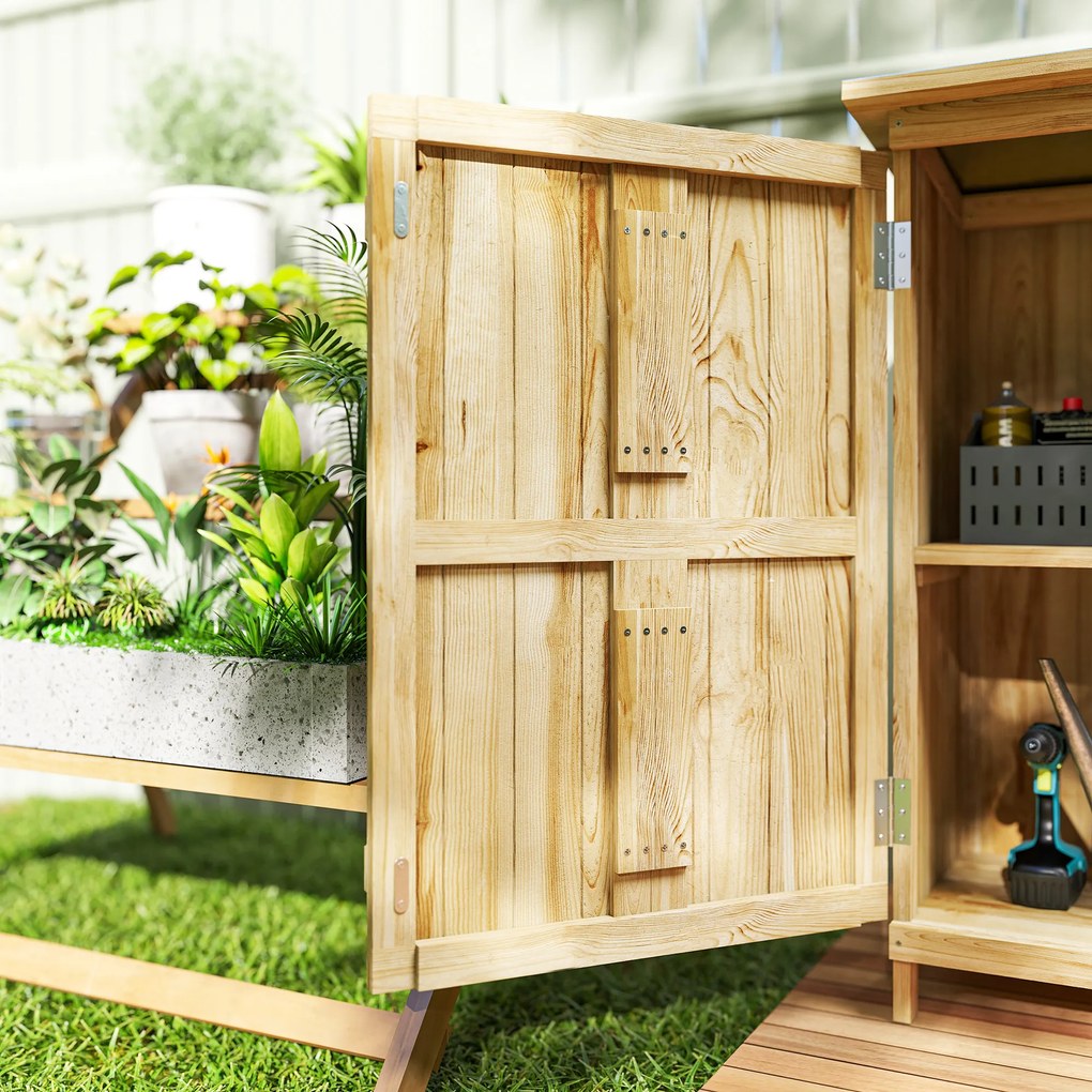Outsunny Depozit de Grădină din Lemn 63,5x40x90 cm Dulap pentru Depozitarea Uneltelor cu 2 Rafturi și Ușă Natural | Aosom Romania