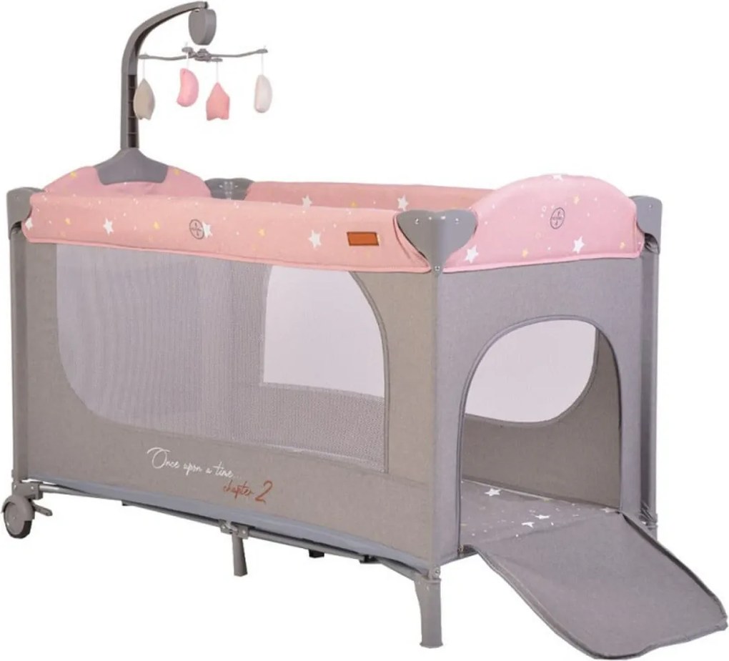 Patut pliant transformabil in tarc copii NOVOKIDS™ Onceuponatime NEST, 62X125 cm, 2 Niveluri, Jucarie Carusel muzical, Fermoar acces lateral, Roz cu