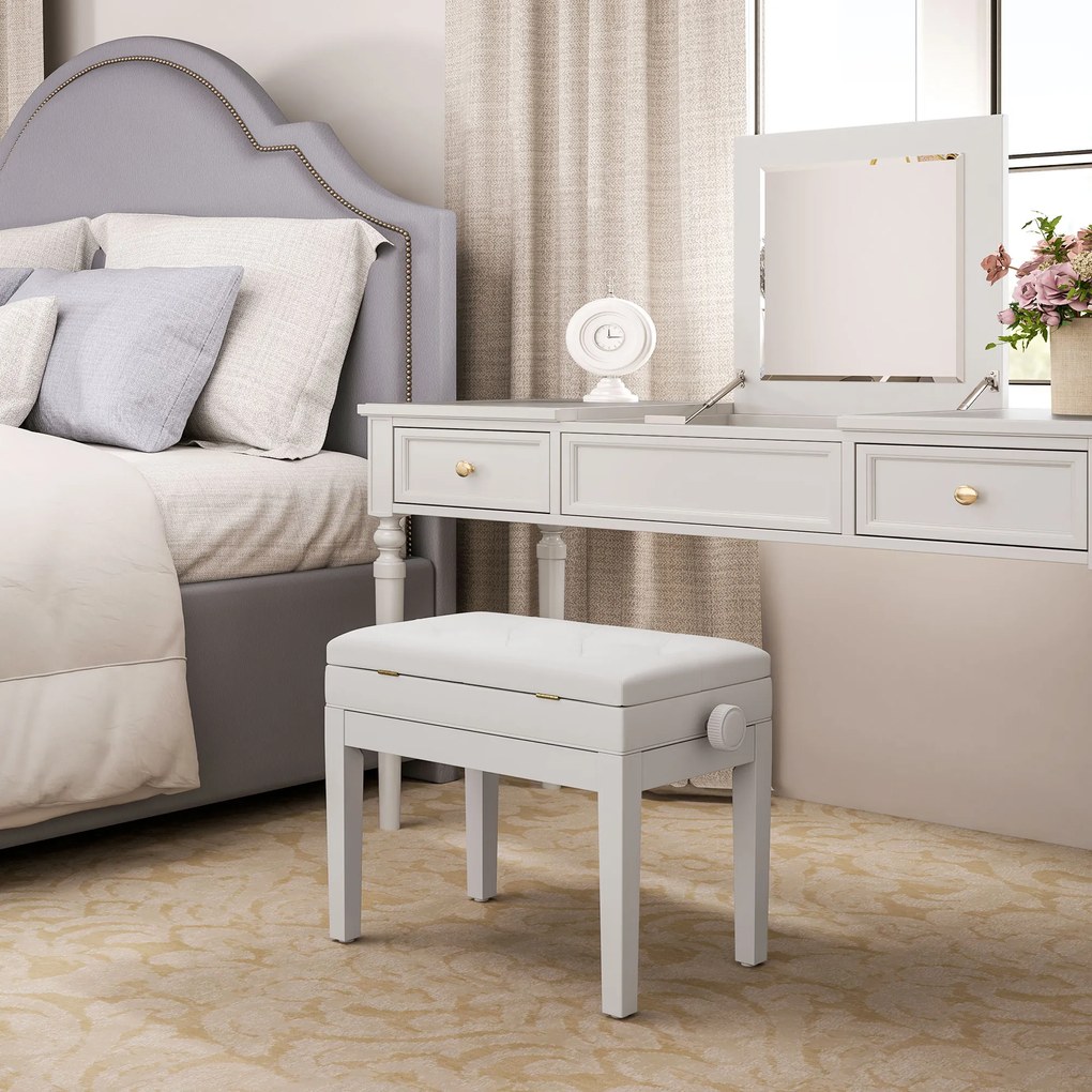 Scaun de Pian HOMCOM Reglabil cu Compartiment de Depozitare și Scaun Imbunătățit, 54.5x33x48-58 cm, Alb | Aosom Romania