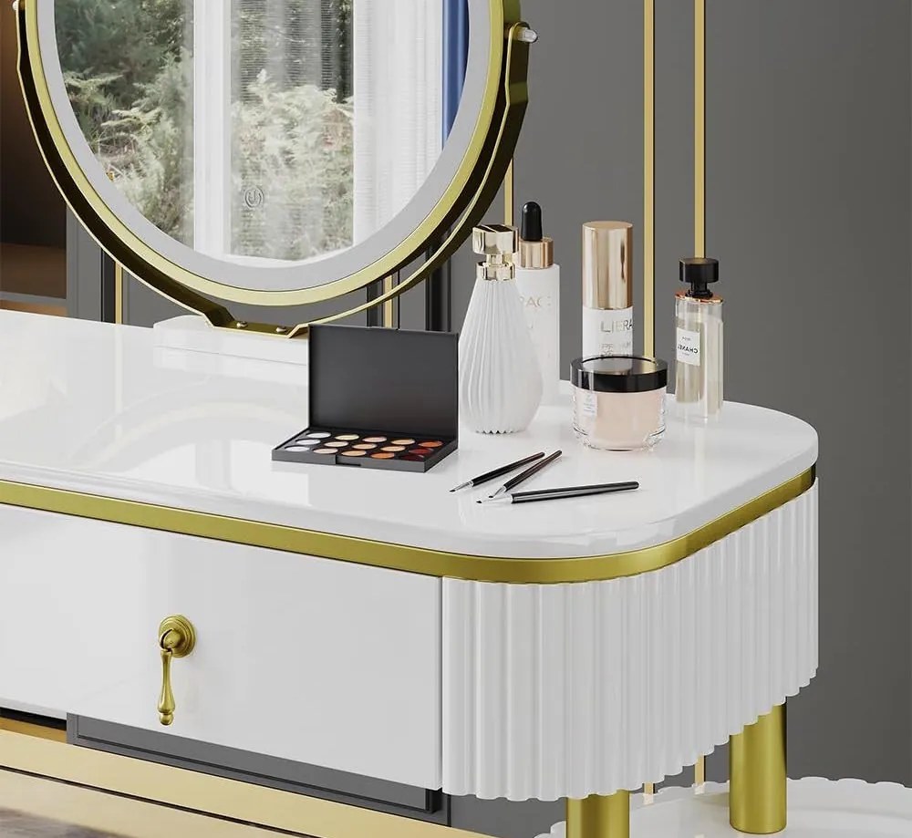 SEA422 - Set Masa toaleta, 100 cm, cosmetica machiaj, oglinda cu LED, masuta vanity - Alb-Auriu