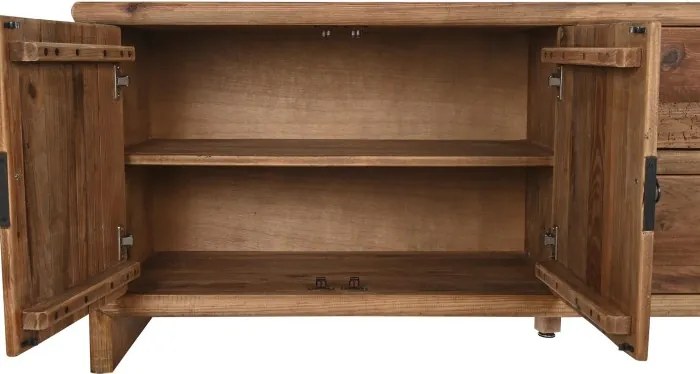 Comodă TV living din lemn reciclat, natur, cu 2 uși, 2 sertare și mâner rotund din metal negru, 65 x 156 x 44 cm, „Haven”