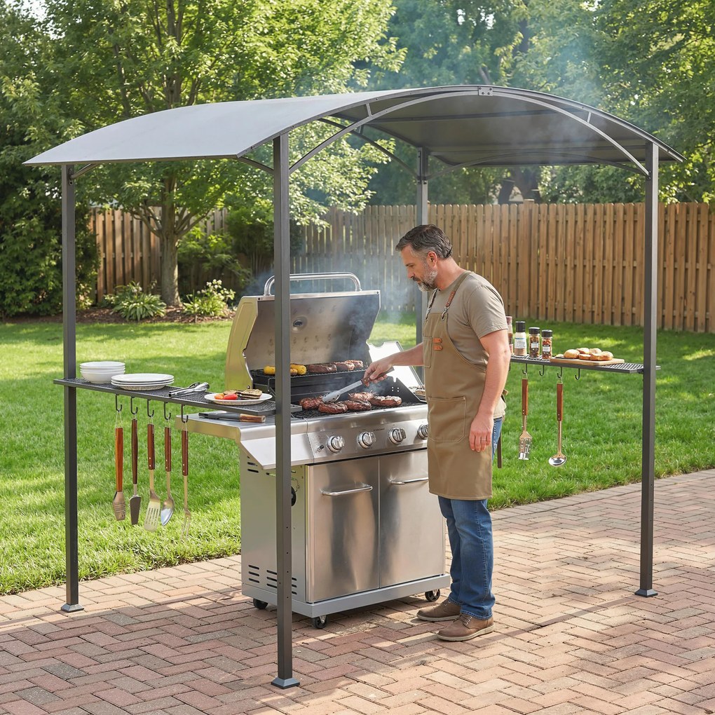Outsunny Gazebo pentru Grătar 2.5x1.5 m, Pergolă pentru Grătar cu 2 Rafturi Laterale și Cârlige, Cadru din Oțel și Acoperiș din Poliester pentru Grădină, Gri Închis | Aosom Romania