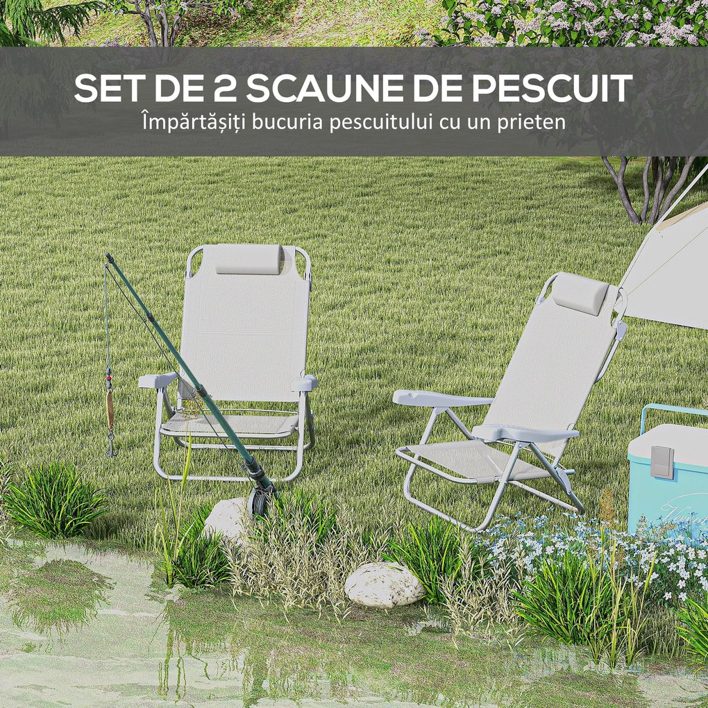 Outsunny Set 2 Scaune de Camping Pliabile cu Tetieră Căptușită și Spătar Reglabil în 6 Poziții, 62x65x80 cm, Gri Deschis | Aosom Romania