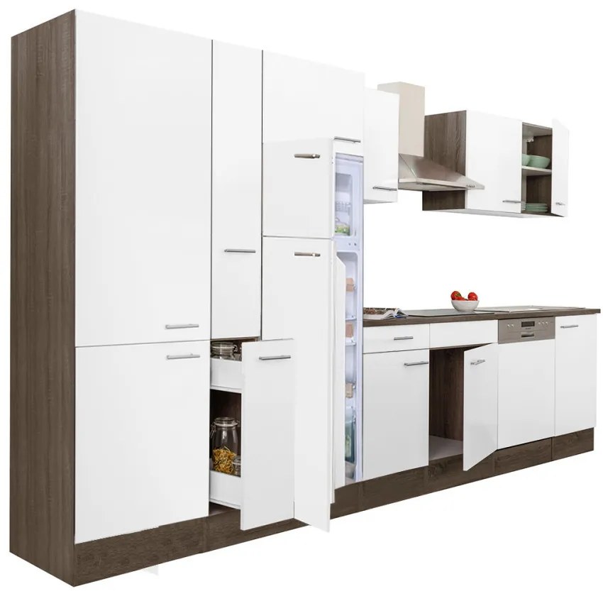 Mobilă de bucătărie Yorki 370, corp din stejar Yorki, față alb satinat, dulap cu rafturi și frigider cu congelator superior