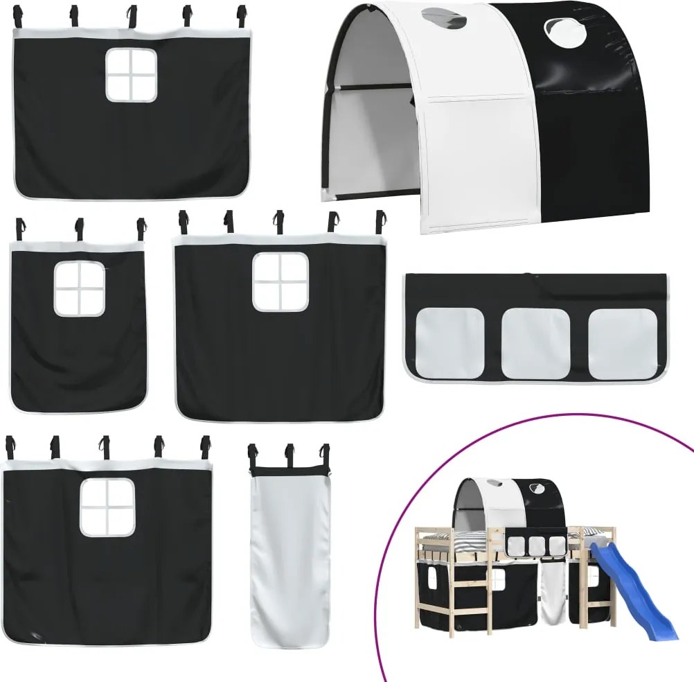 vidaXL Perdele pentru pat etajat cu tunel, alb și negru, poliester