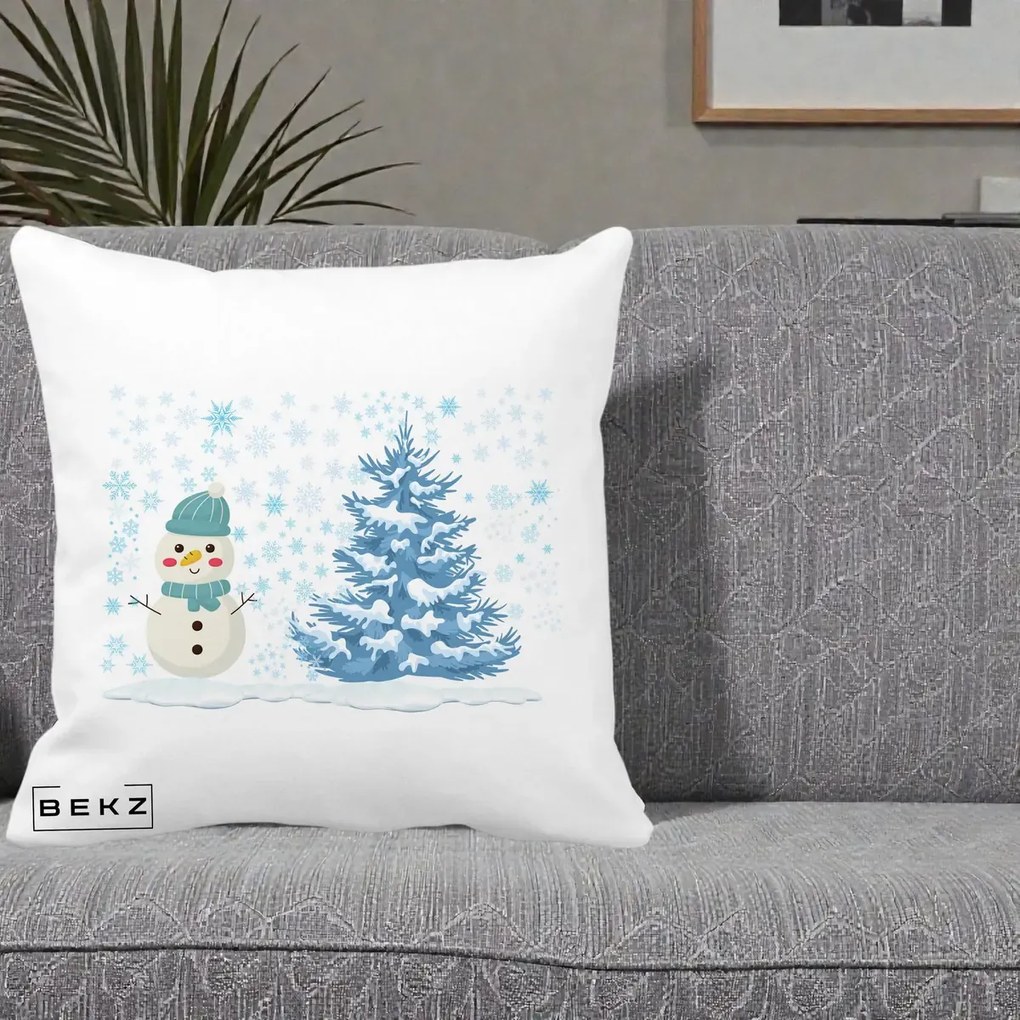 Perna Decorativa Om de Zapada si Brad Craciun, 40x40 cm, Alba Mata, Husa Detasabila, Perna Inclusa, BEKZ®