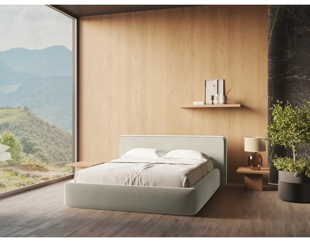 Pat matrimonial crem tapițat cu spațiu de depozitare cu somieră 180x200 cm Kiana – Makamii