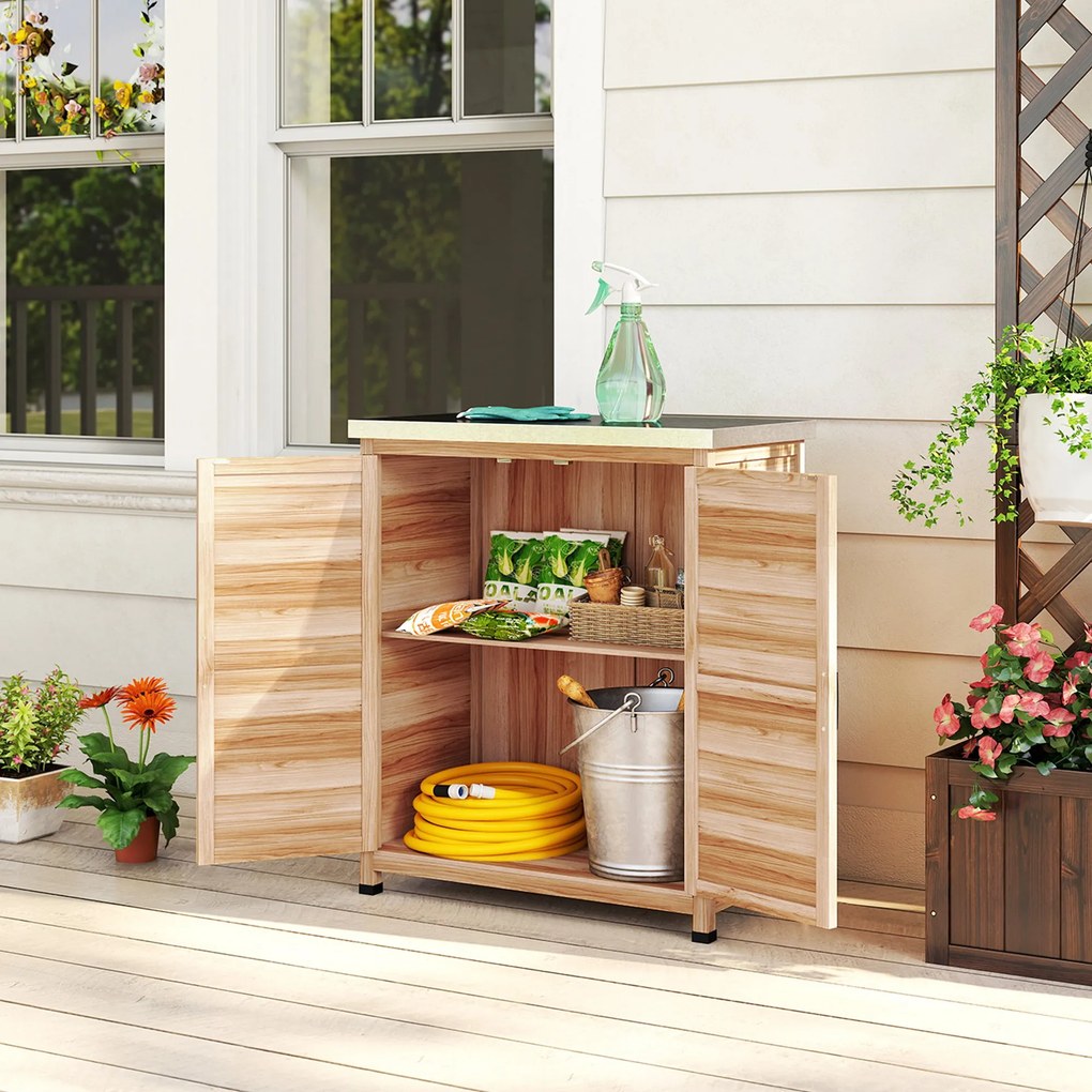 Outsunny Dulap de Exterior cu Raft și Bancă de Lucru Superioară, 79x43x92 cm, Lemn Natural | Aosom Romania