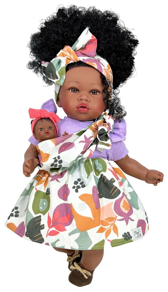 Papusa Nines D'Onil, Maria Afro, cu sunete, cu bebelus, cu rochie mov, cu miros de vanilie, 45 cm