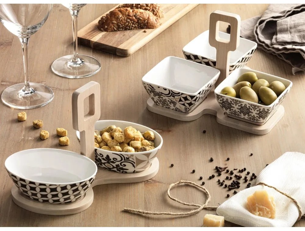 Set 3 boluri din porțelan cu tavă din bambus Brandani Alhambra