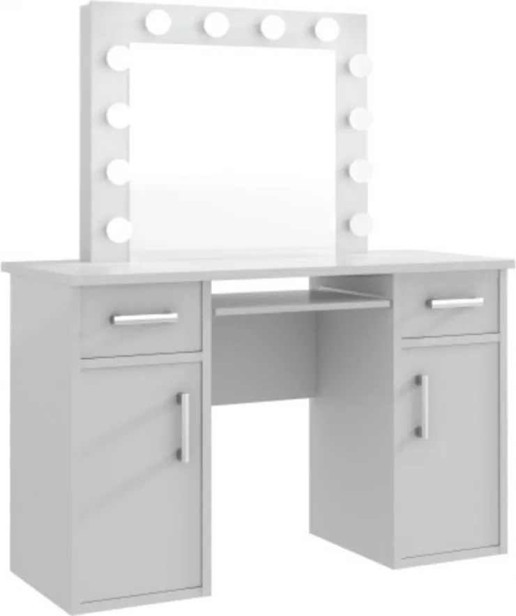 Masuta machiaj cu Oglinda LED si 2 Sertare pentru Cosmetice, Set Masa toaleta 120 cm, Alb, masuta cosmetica, vanity - SEA507