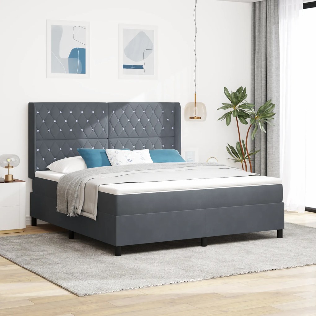vidaXL Pat box spring cu saltea, gri închis, 180x200 cm, catifea