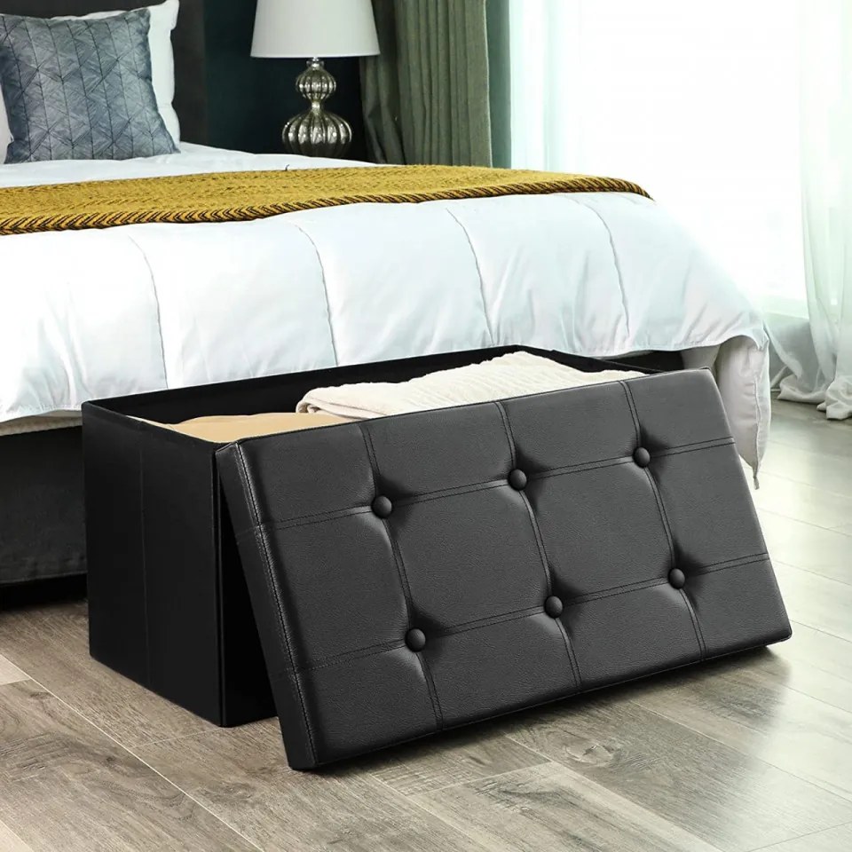 Bancheta cu capac si spatiu depozitare, 76 x 38 x 38 cm, MDF / piele ecologica, negru, Songmics