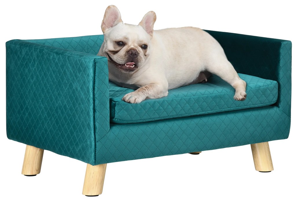 PawHut Canapea pentru Câini și Pisici cu Pernă Moale, Culcuș pentru Animale din Catifea și Lemn, 64x45x36 cm, Albastru | Aosom Romania