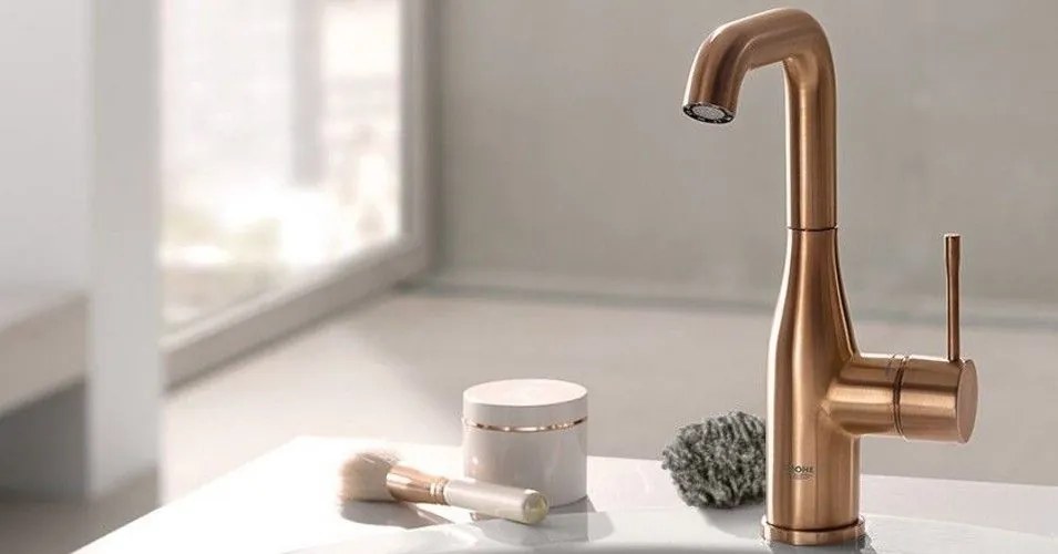 Baterie chiuveta baie cupru mat Grohe Essence, L cu ventil pop-up