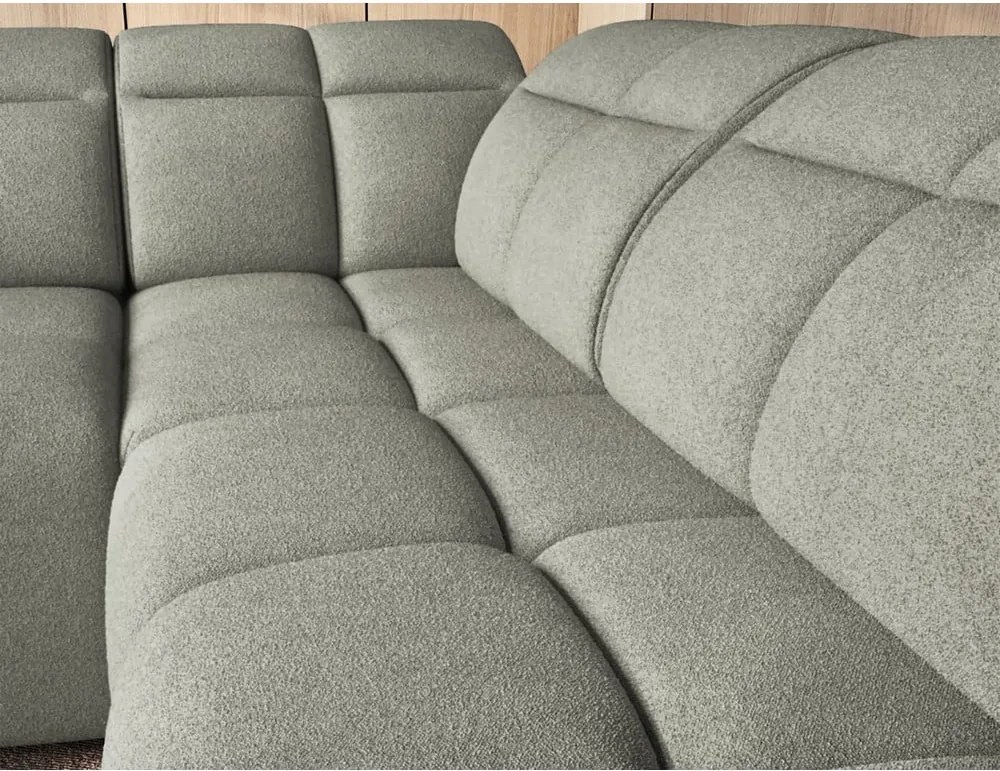 Colțar verde prăfuit extensibil/cu spațiu de depozitare cu tapițerie din țesătură bouclé (cu colț pe partea dreaptă/în formă de ”L”) Falconn – ELTAP