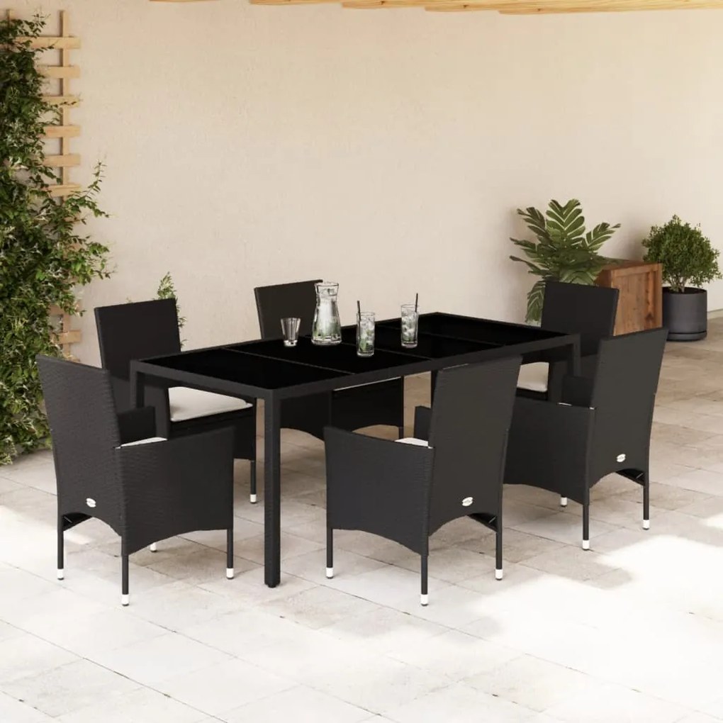 vidaXL Set mobilier de grădină cu perne 7 piese negru poliratan&amp;sticlă