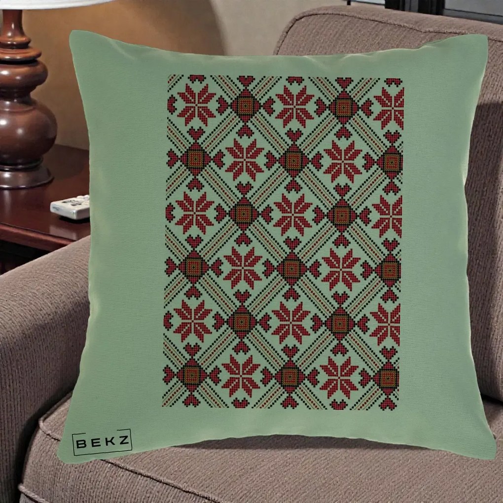 Perna Personalizata Motiv Traditional Ie Romaneasca Rosu, 40x40 cm, Verde, Husa Detasabila, Perna Inclusa, BEKZ®