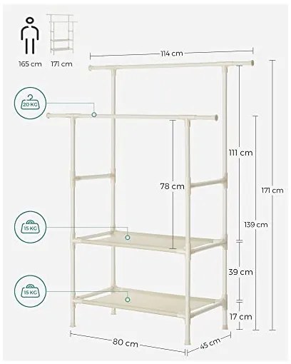 Suport pentru umerase cu rafturi, Songmics, Alb, 70 Kg, RDR02WT, 171 x 114 x 45 cm