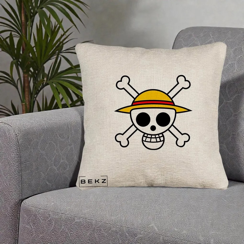 Perna Personalizata One Piece Jolly Roger Straw Hat Pirates, 40x40 cm, Bej Canapea, Husa Detasabila, Perna Inclusa, BEKZ®
