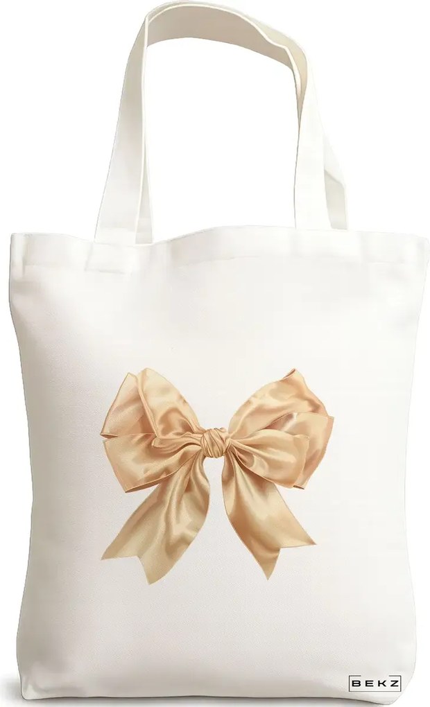 Sacosa de Panza pentru Cumparaturi, Geanta Tote, model Goldie bow 38 x 34.5 cm, Alba, BEKZ®
