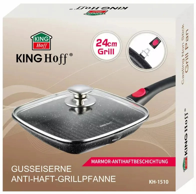 Tigaie Grill cu capac si maner detasabil Kinghoff KH 1510, 24 cm, Acoperire Marmura, Inductie, Negru