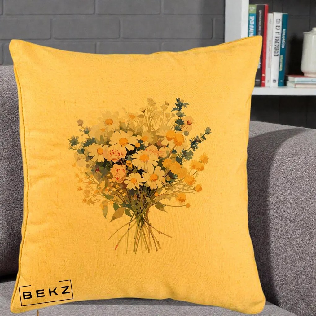 Perna Decorativa Buchet Camp Acuarela Margarete-Lavanda, 40x40 cm, Galben, Husa Detasabila, Perna Inclusa, BEKZ®