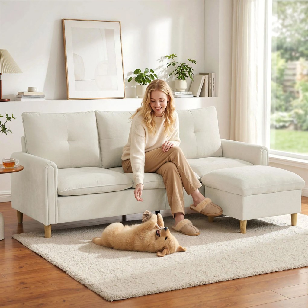 HOMCOM Canapea 3 locuri cu ottoman de depozitare, colțar modular 210 cm, șezut larg, țesătură cu aspect de in, crem | Aosom Romania