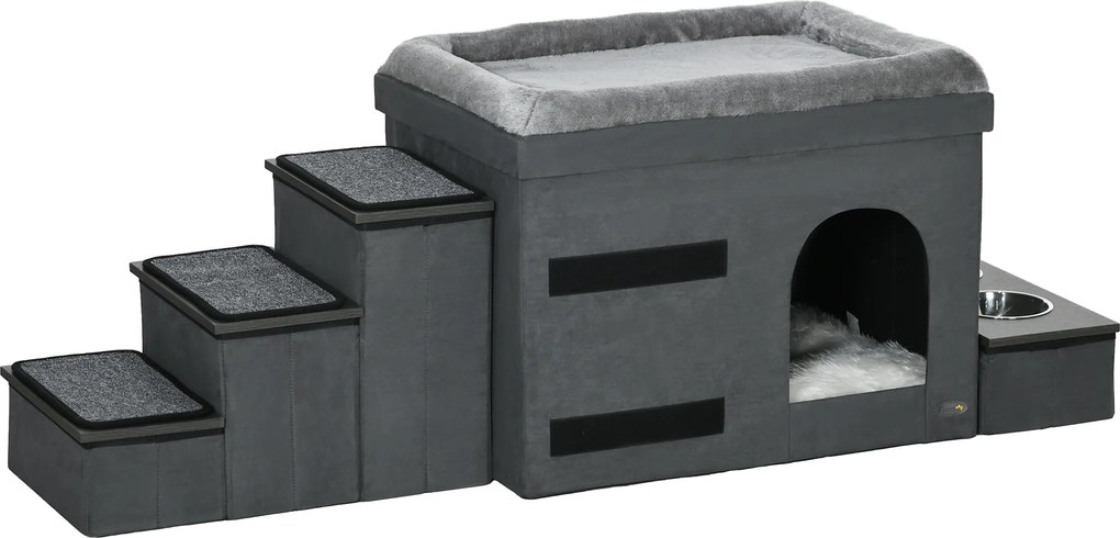 PawHut Casă pentru pisici, cușcă pentru pisici, grotă pentru pisici, 3 trepte pentru animale, 2 boluri de hrănire, 70 x 50 x 51 cm, Gri | Aosom Romania