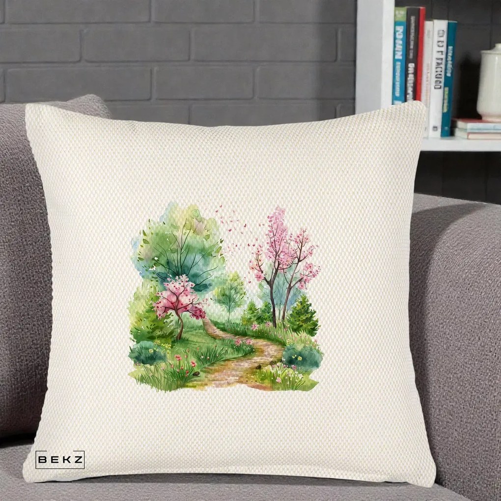 Perna Decorativa Gradina Primavara Acuarela, 40x40 cm, Crem Reliefat, Husa Detasabila, Perna Inclusa, BEKZ®