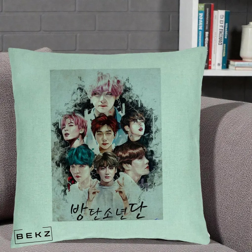 Perna Personalizata K-pop BTS Bangtan Boys Poster Artistic Negru Alb, 40x40 cm, Verde Menta, Husa Detasabila, Perna Inclusa, BEKZ®