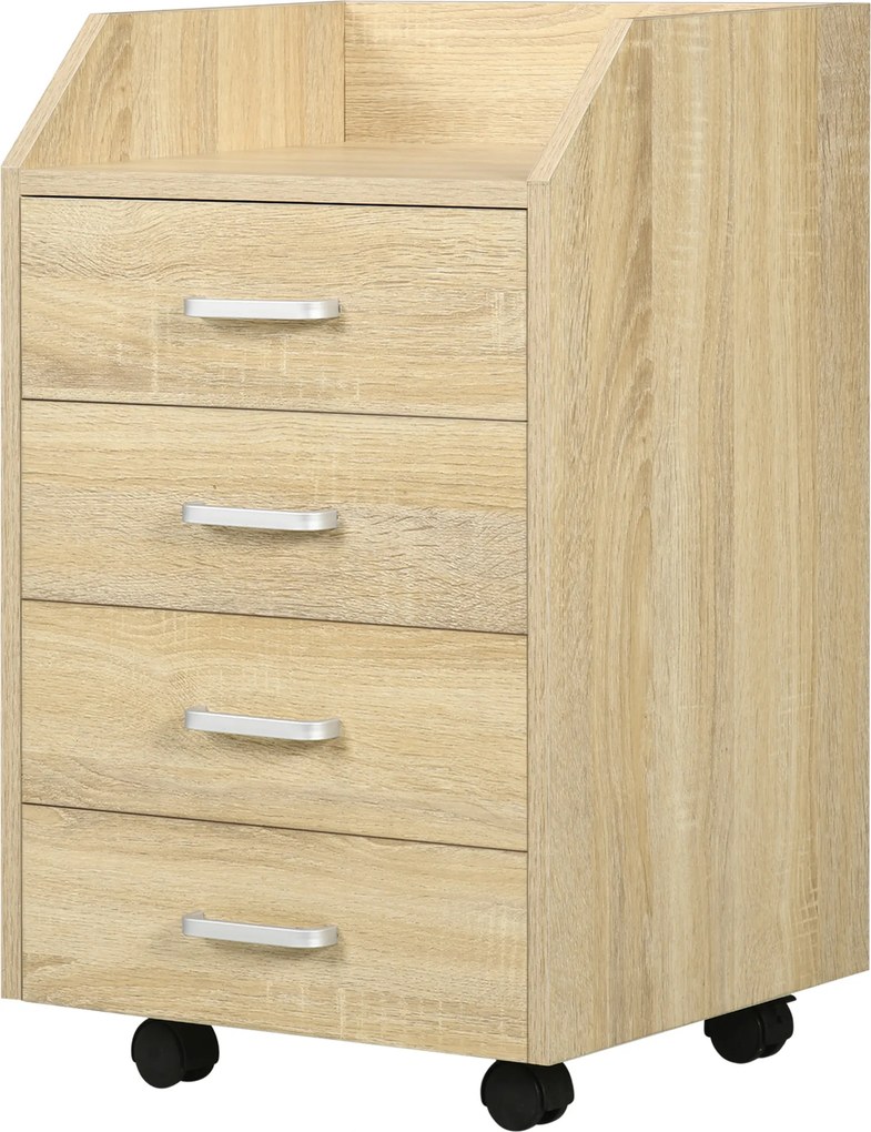 Vinsetto Fiset pentru Birou din Lemn cu 4 Sertare, Dulap pentru Birou cu Roti si Margini Inaltate, 40x36x65cm, Lemn Natur