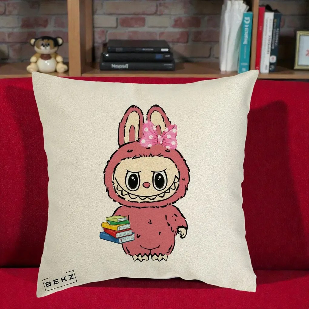 Perna Personalizata Labubu Roz cu Funda si Carti, 40x40 cm, Ecru, Husa Detasabila, Perna Inclusa, BEKZ®